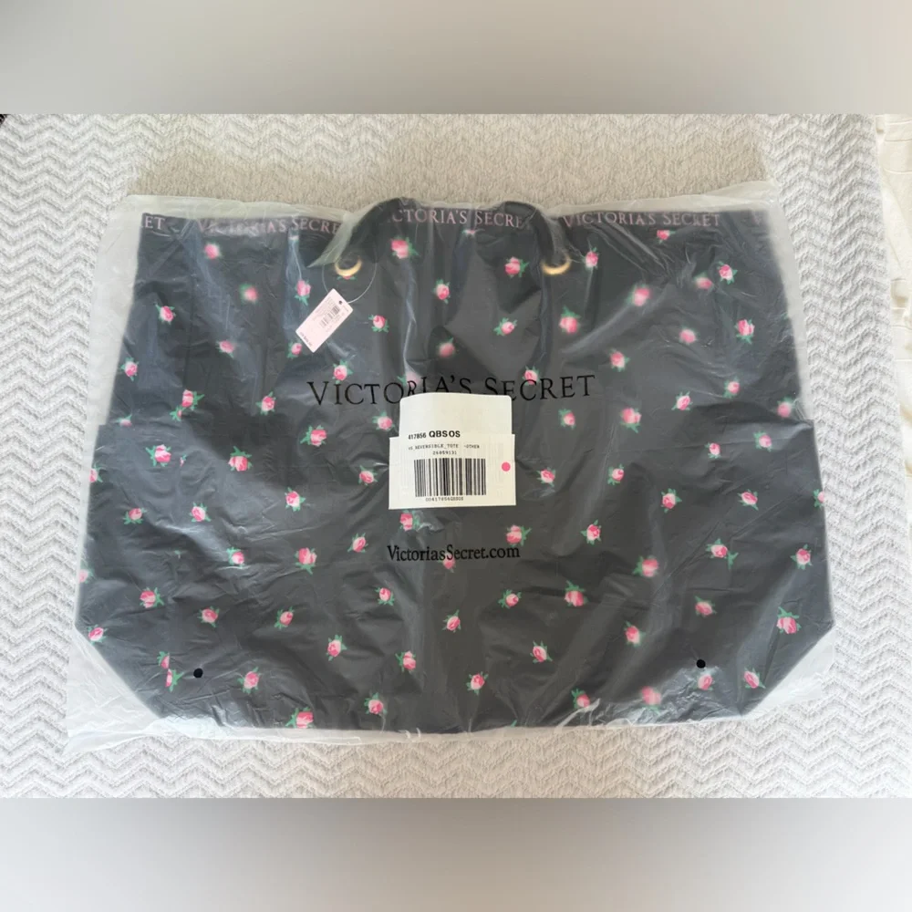 Victoria’s Secret Reversible Tote Bag Pink Stripe Floral Large Beach Bag